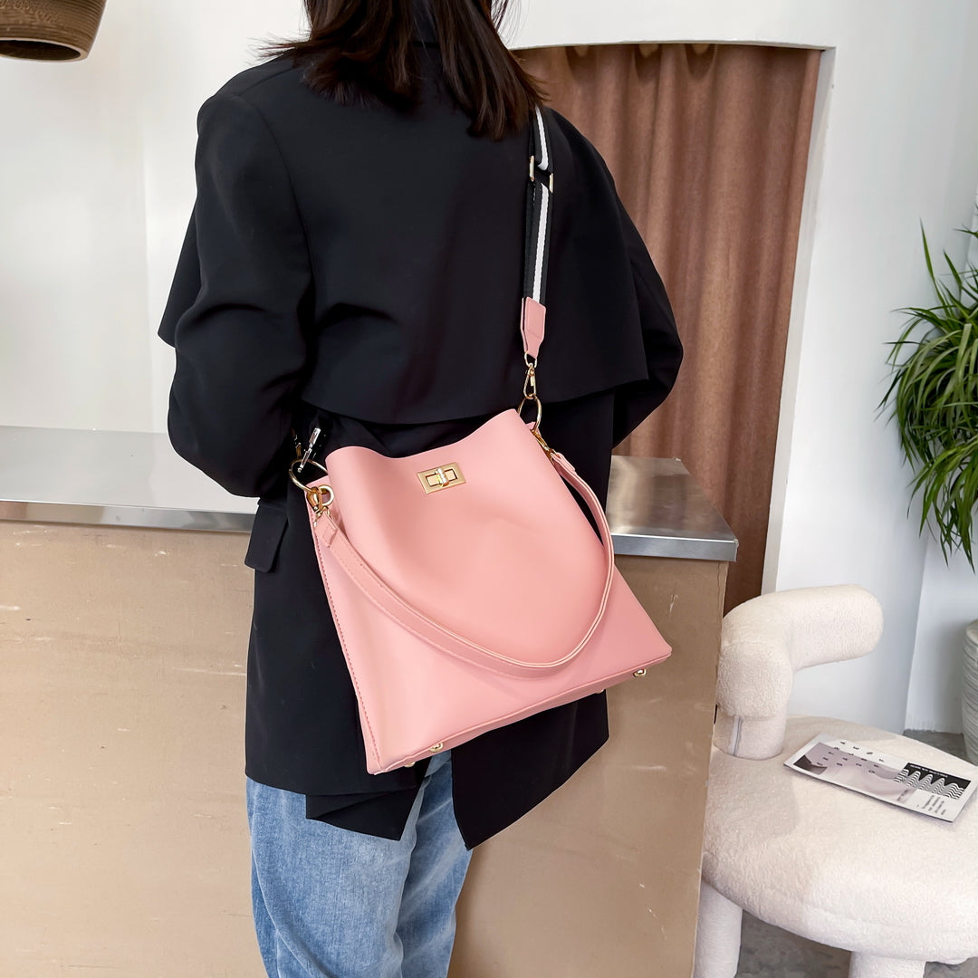 Modern striped strap roomy PU leather bucket bag