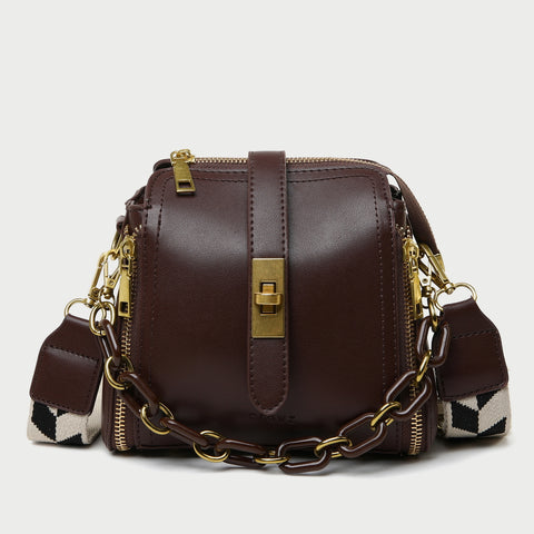 Chain handle patterned strap two-compartment PU leather crossbody bag