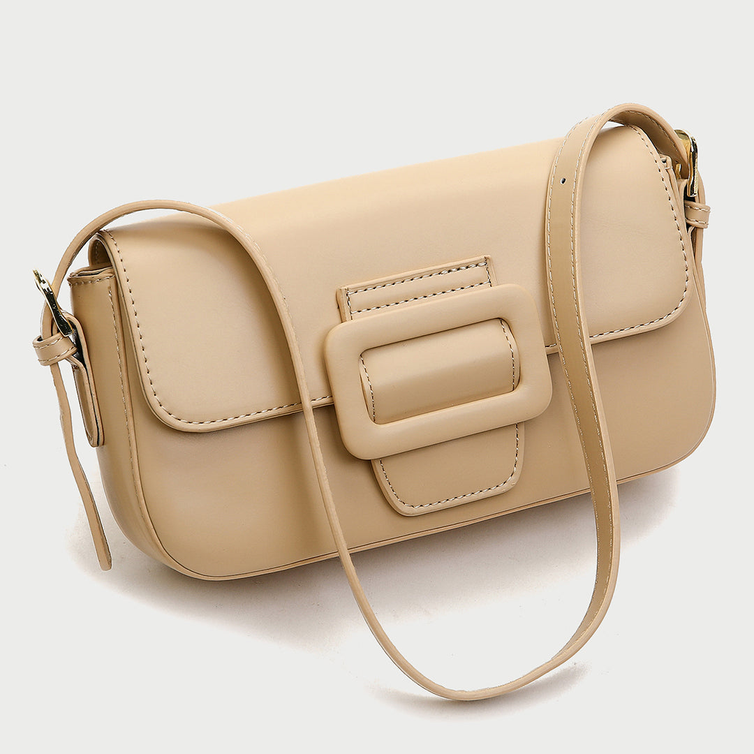 Classic buckle-strap flapover smooth PU leather shoulder bag