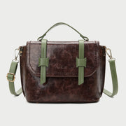 Retro contrast strapped flapover style unisex marble-effect PU leather bag