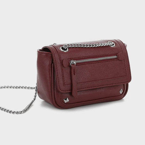 Zipped front flap studded PU leather crossbody bag