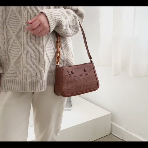 Croc-effect panel chained handle PU leather shoulder bag
