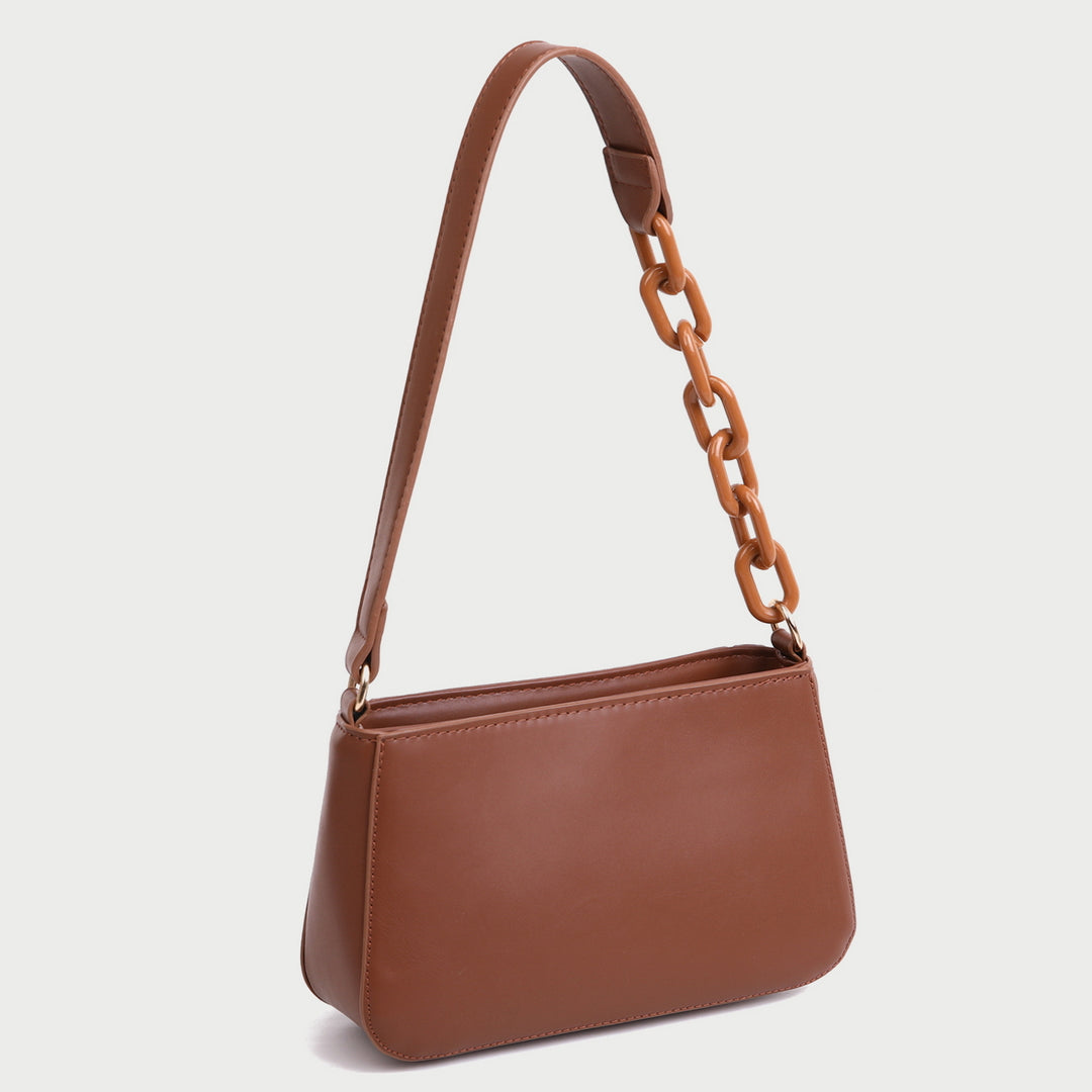 Croc-effect panel chained handle PU leather shoulder bag