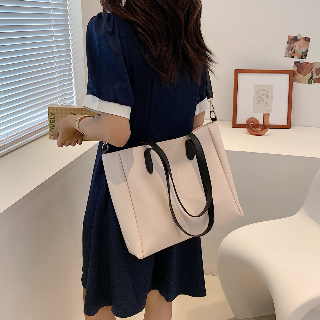 Contrast strap roomy PU leather tote bag