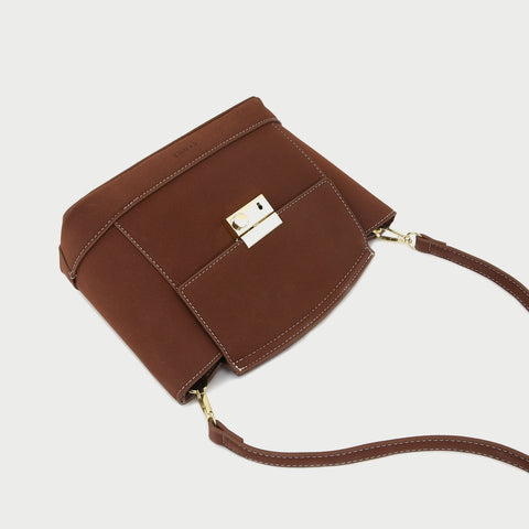 Modern metal-closure flap sculptural faux suede crossbody bag