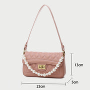 Faux pearl handle turn-lock quilted PU leather shoulder bag