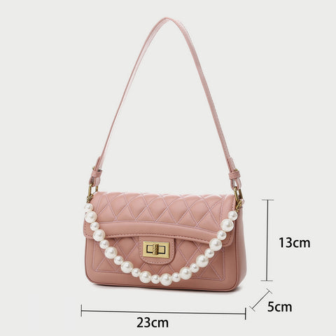 Faux pearl handle turn-lock quilted PU leather shoulder bag
