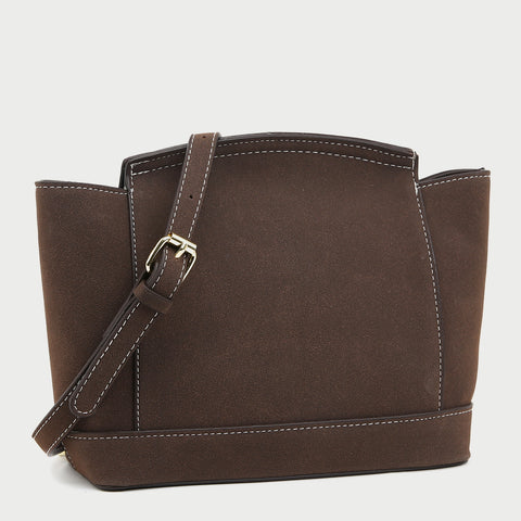 Modern metal-closure flap sculptural faux suede crossbody bag