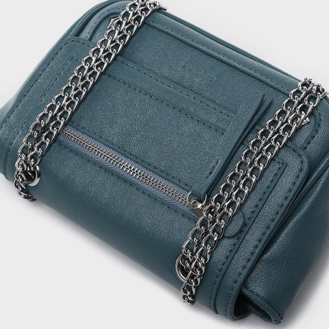 Zipped front flap studded PU leather crossbody bag