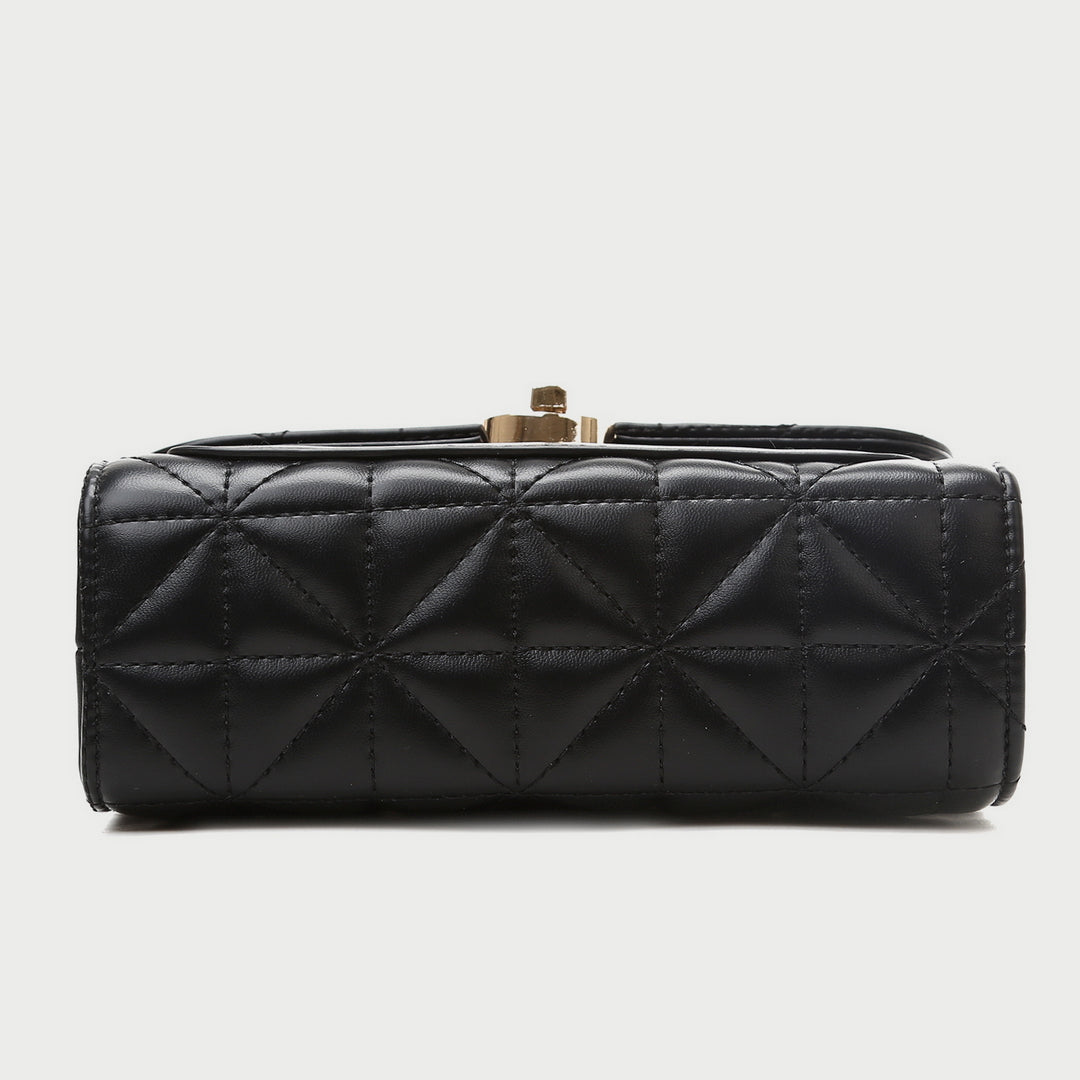 Faux pearl embellished strap turn-lock flap quilted  PU leather crossbody bag