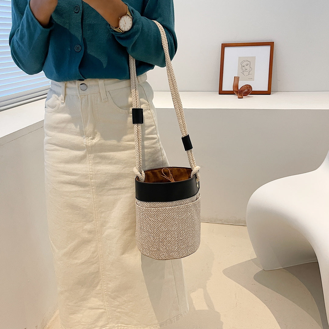 Contrast PU leather trim jacquard detail woven cylinder bucket bag