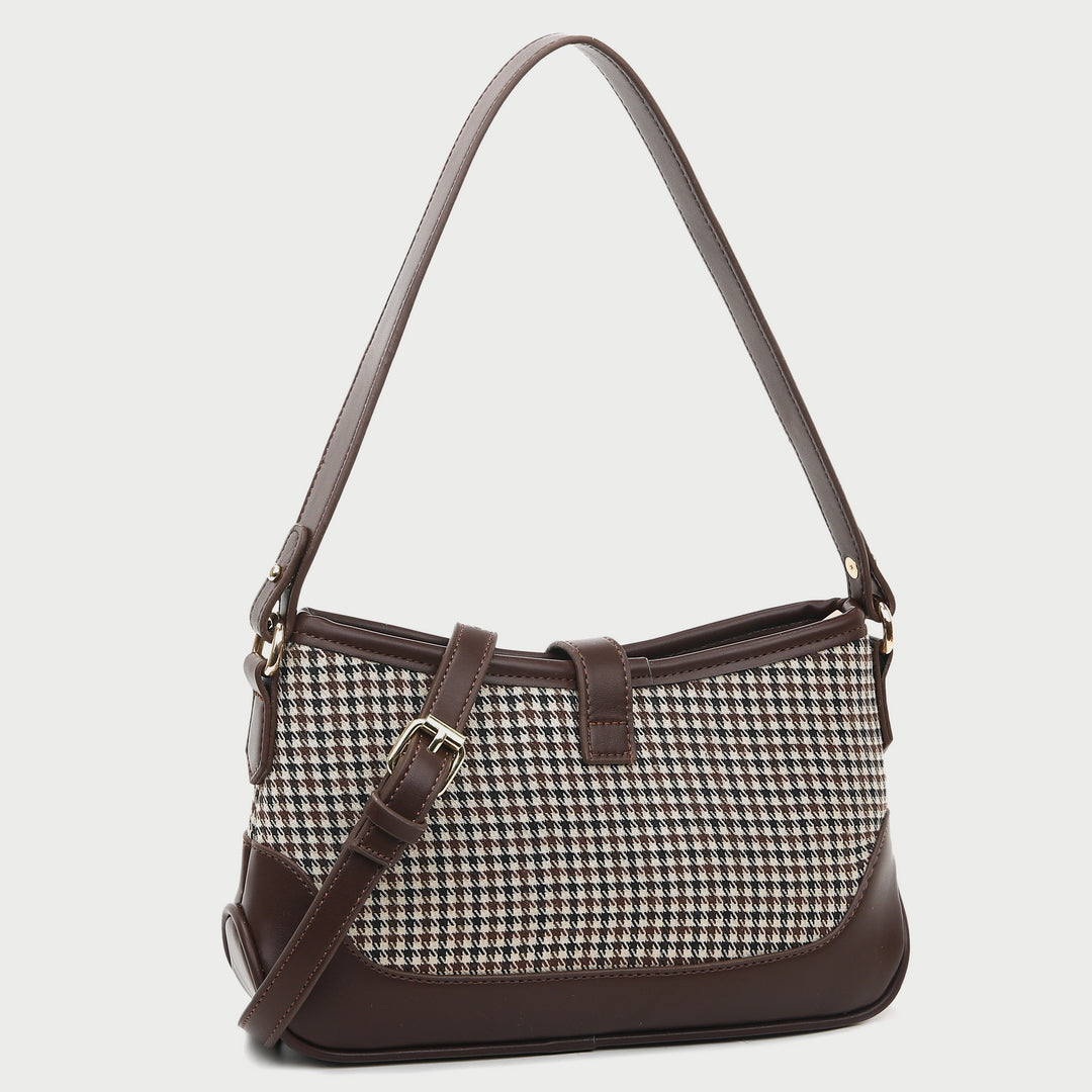 Strapped houndstooth canvas PU leather baguette bag