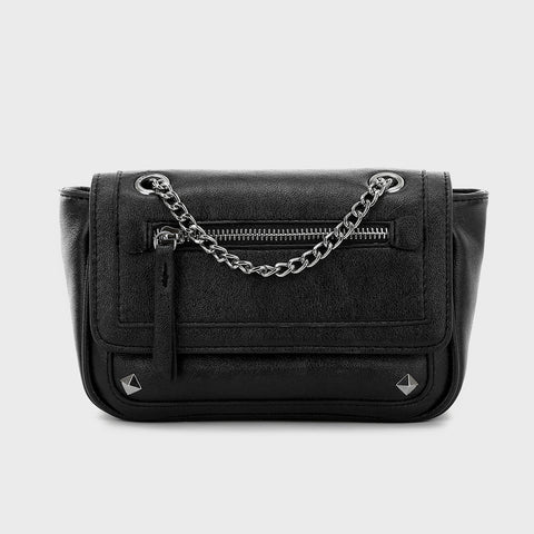Zipped front flap studded PU leather crossbody bag