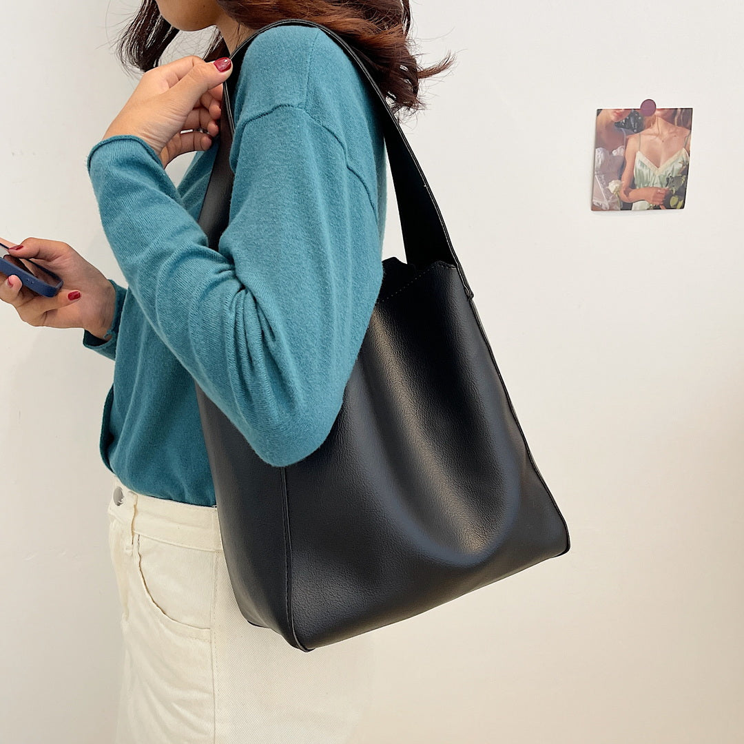 Streamlined wide-handle PU leather shoulder bag (2-in-1 set)