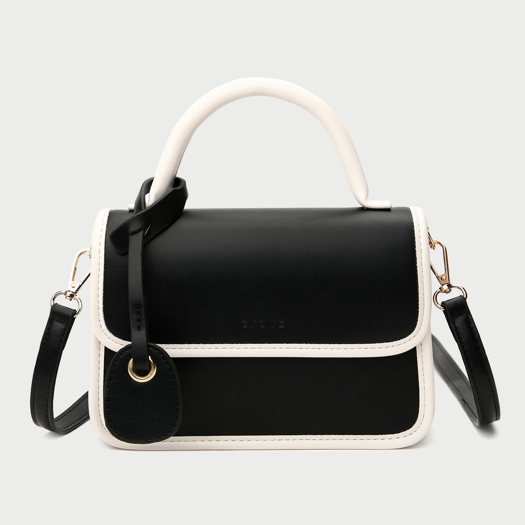 Contrast border top handle PU leather crossbody bag