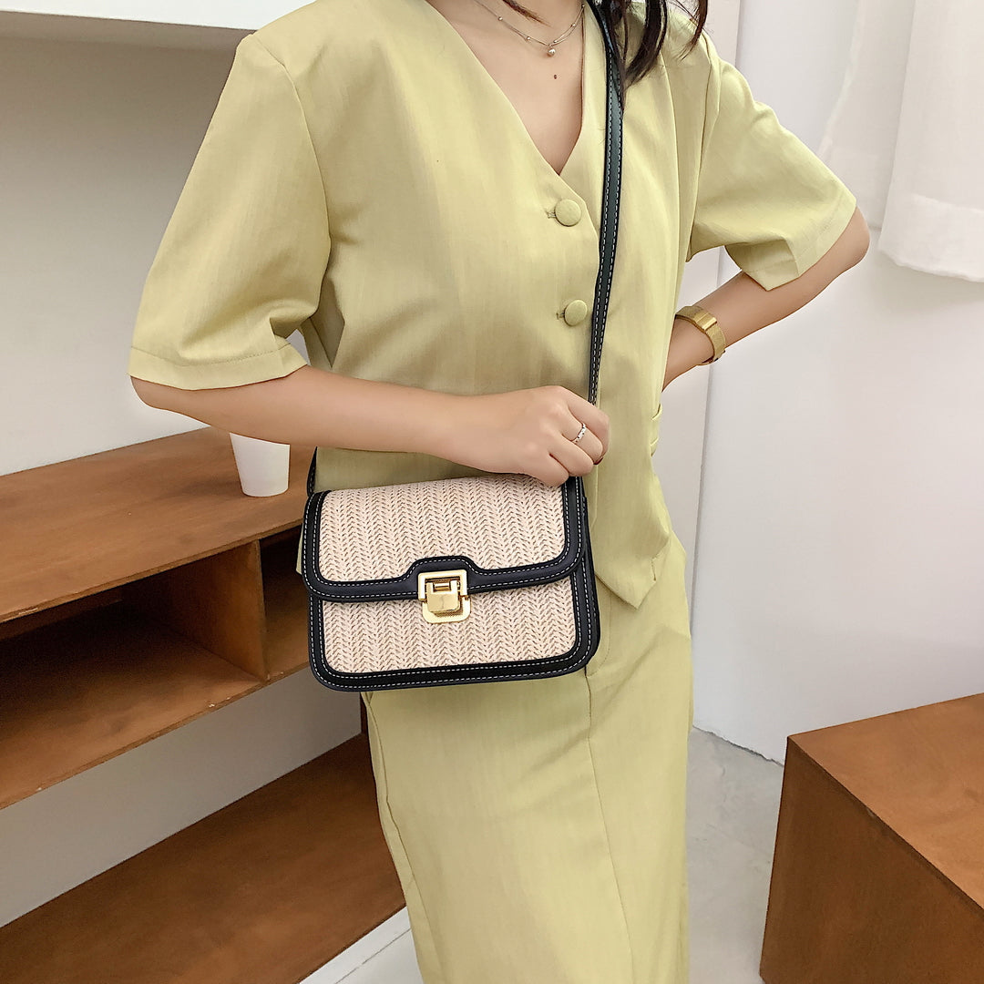 Contrast PU leather border trim flap-style woven rattan crossbody bag