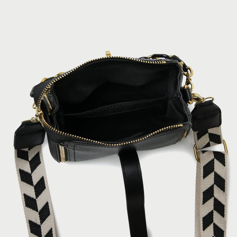 Chain handle patterned strap two-compartment PU leather crossbody bag