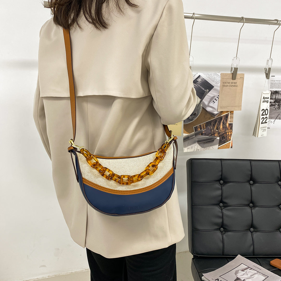 Agate-effect chain handle colourblock canvas PU leather crossbody bag