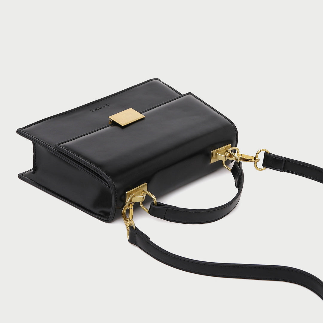 Square metal detail flapover PU leather crossbody bag