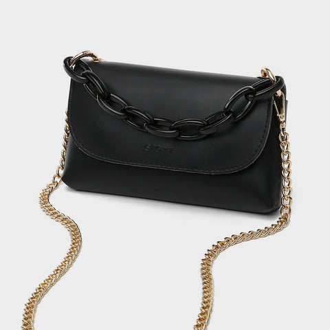 Chain handle flapover slim PU leather crossbody bag