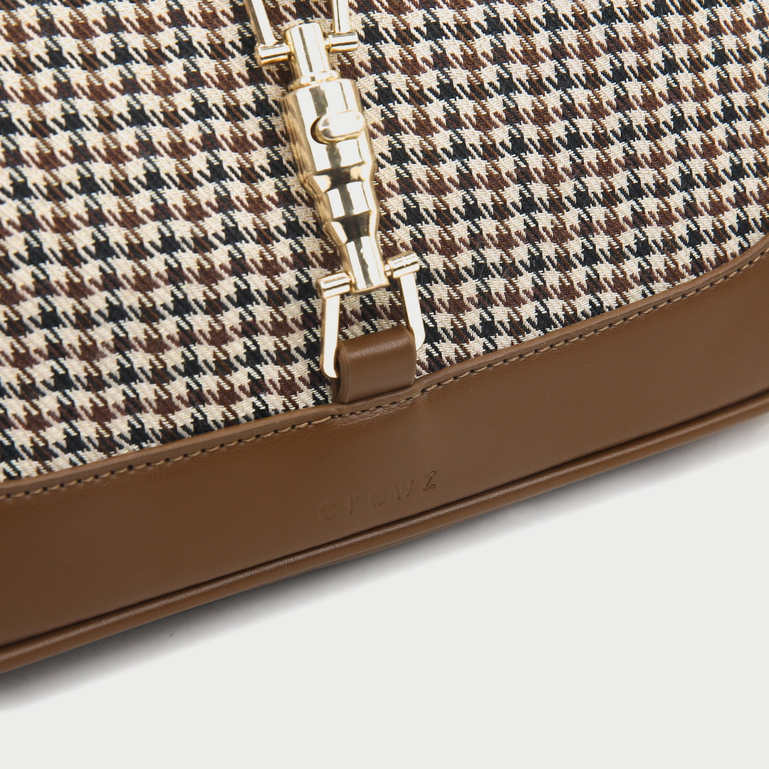 Strapped houndstooth canvas PU leather baguette bag