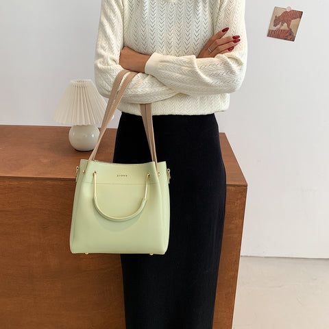 Metal handle contrast strap PU leather bucket bag