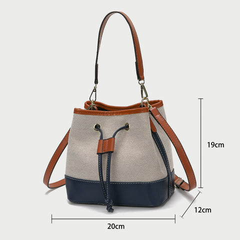 Modern drawstring detail colourblock PU leather canvas bucket bag