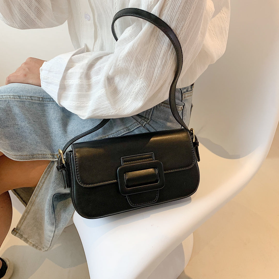 Classic buckle-strap flapover smooth PU leather shoulder bag