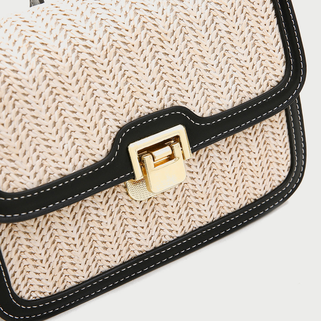 Contrast PU leather border trim flap-style woven rattan crossbody bag