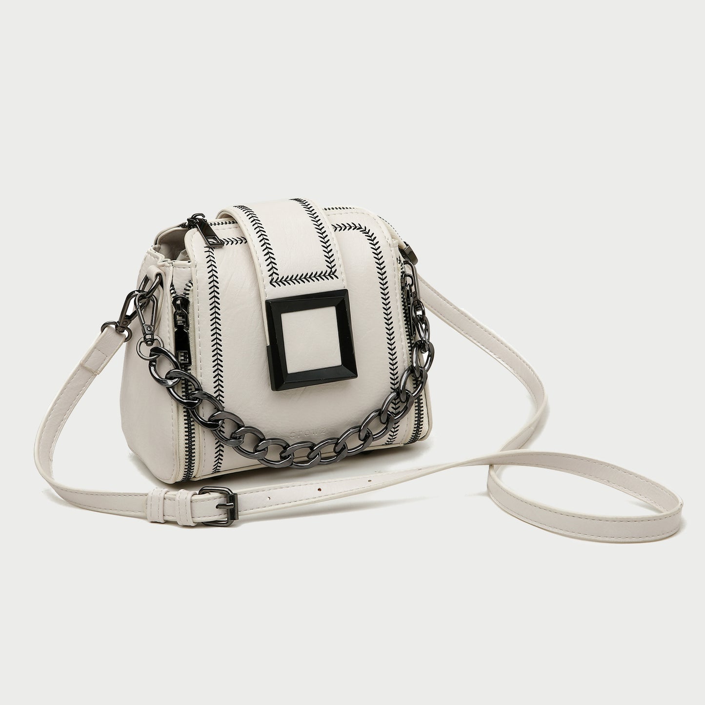 Frame embellished chervon topstitch zip side chain handle PU leather crossbody bag