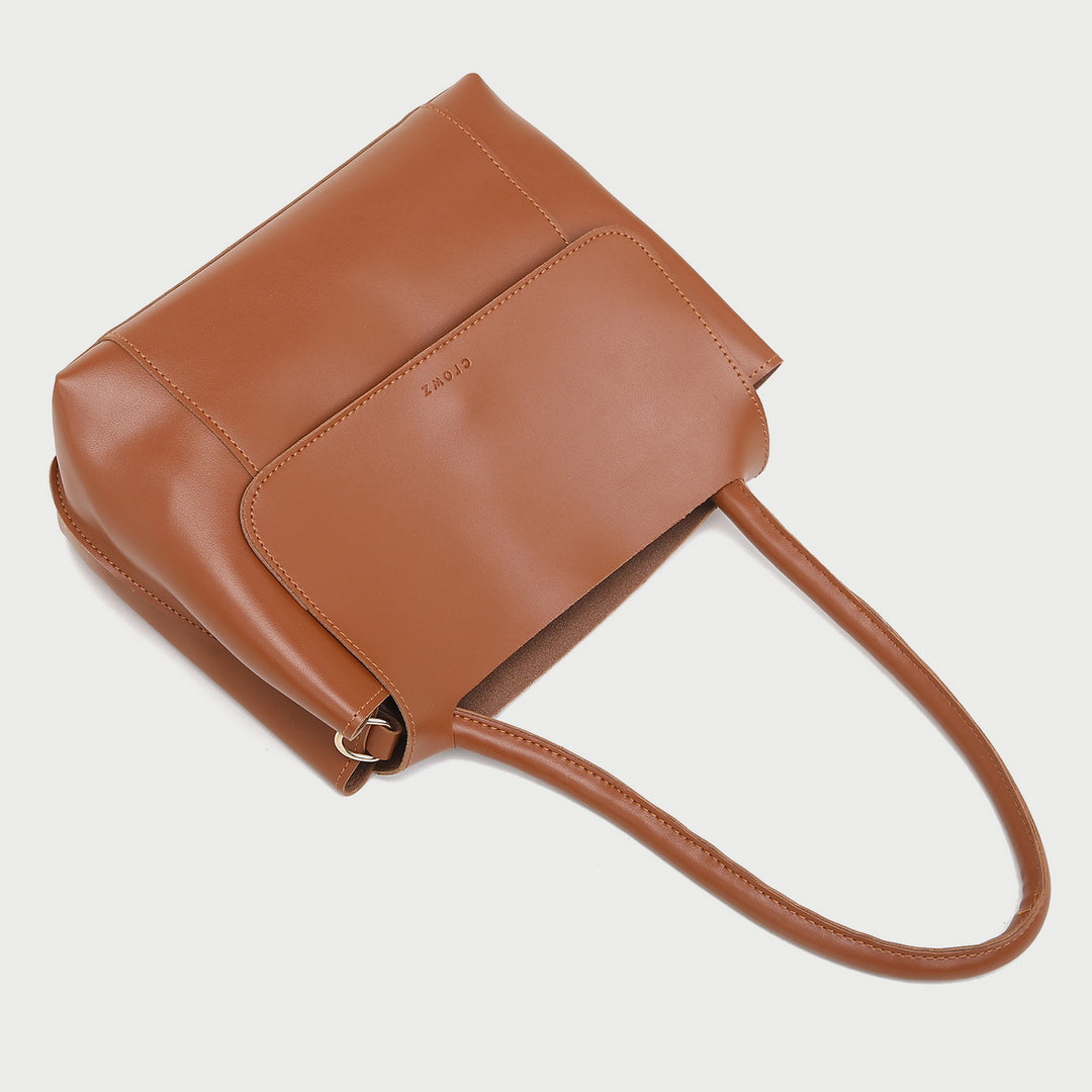 Minimalistic open-top flap style PU leather tote bag