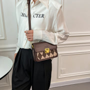 Argyle check pattern canvas panel PU leather crossbody bag