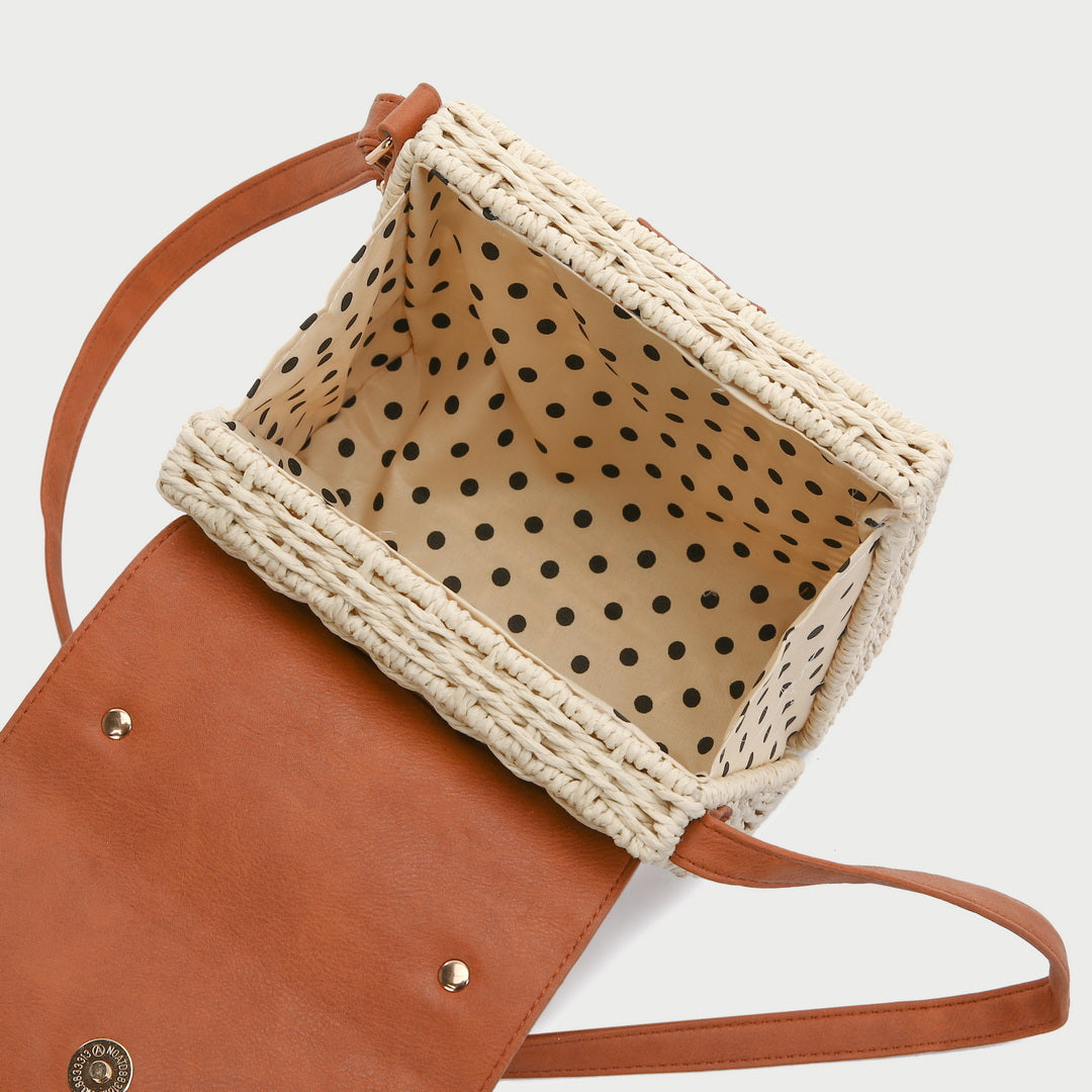 Metal padlock flapover PU leather rattan bag
