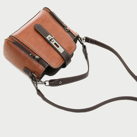Metal turn-lock strap zip side PU leather crossbody bag