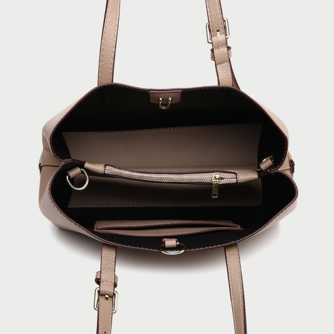 Minimal buckled handle dual compartment grained PU leather tote