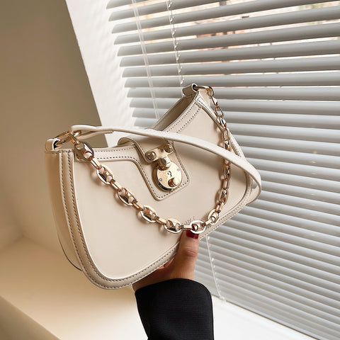 Metal chain strap PU leather baguette bag