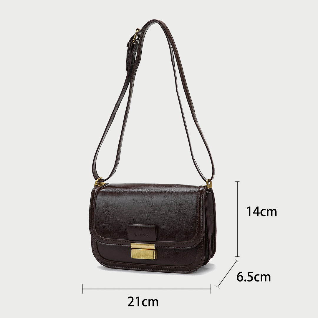 Metal clasp-lock flapover dual compartment PU leather crossbody bag