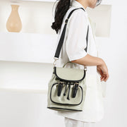 Retro buckle strap flap contrast piping PU leather backpack