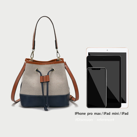 Modern drawstring detail colourblock PU leather canvas bucket bag