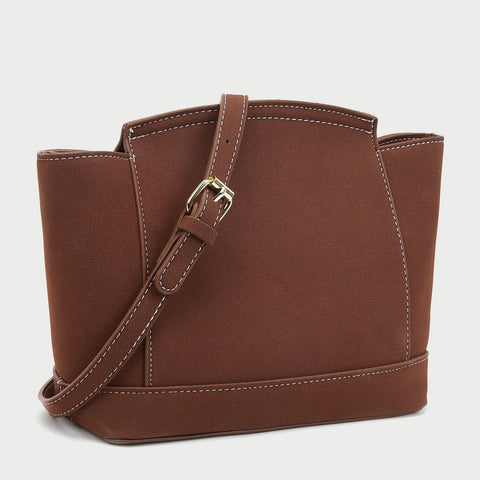Modern metal-closure flap sculptural faux suede crossbody bag