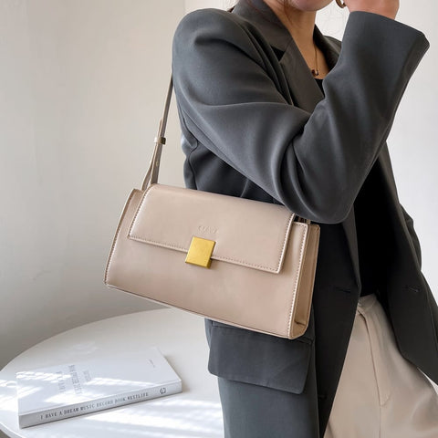 Square metal detail flap style chain strap PU Leather bag