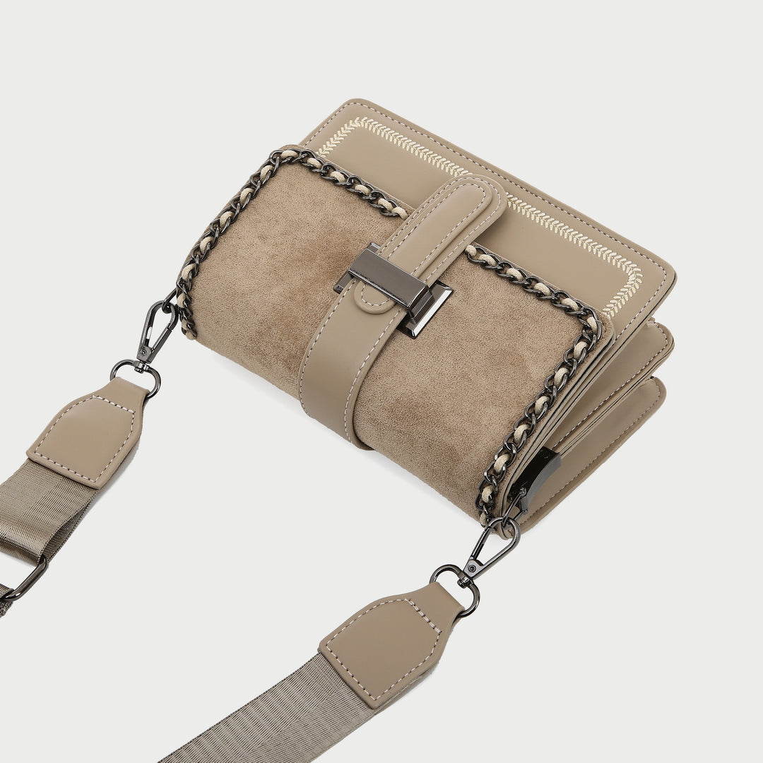 Chain bordered suede-effect flap topstitch PU leather bag