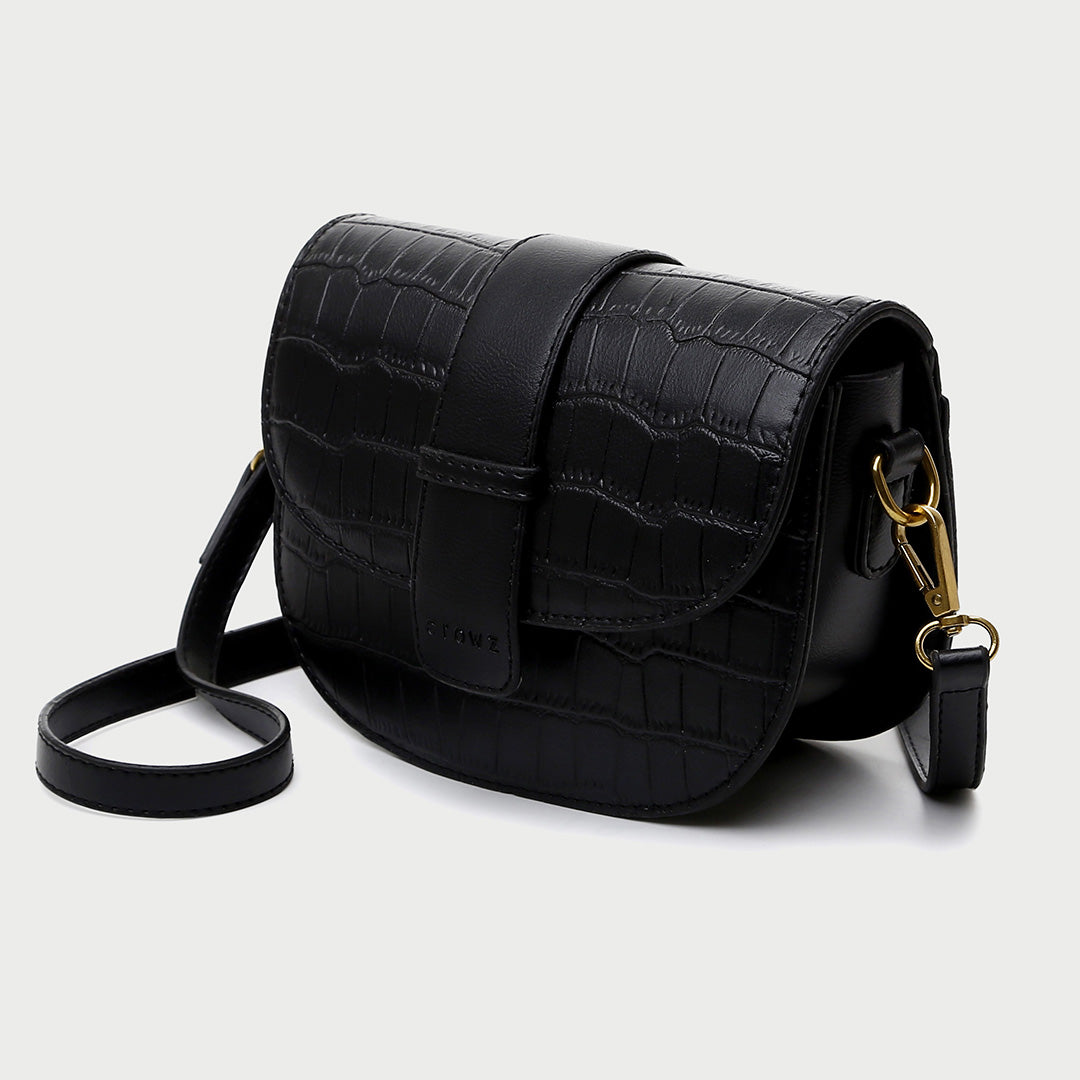 Strap flap croc-embossed PU leather saddle bag