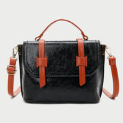 Retro contrast strapped flapover style unisex marble-effect PU leather bag