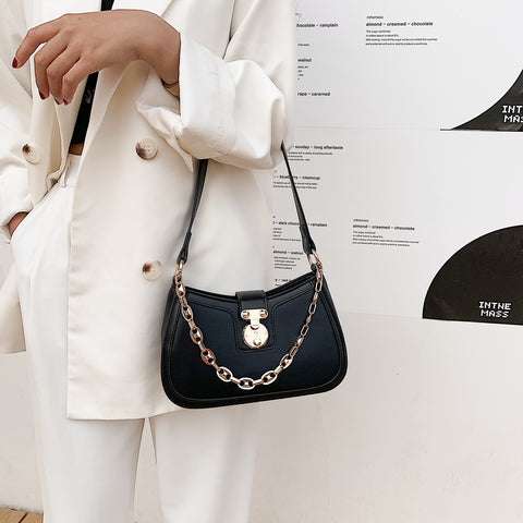 Metal chain strap PU leather baguette bag