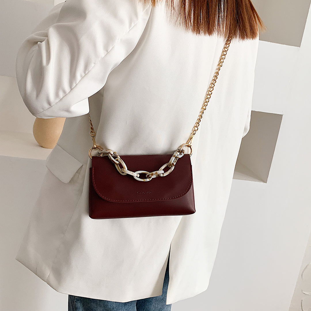 Chain handle flapover slim PU leather crossbody bag