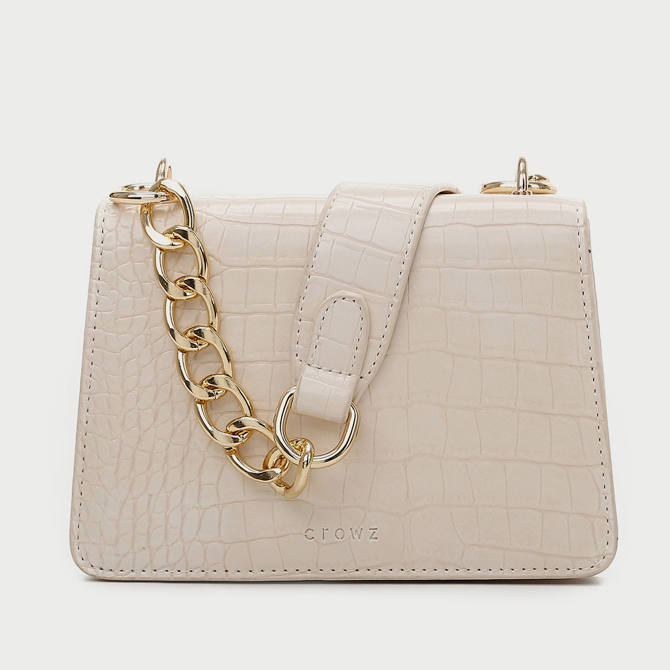 Flapover boxy croc-embossed PU leather crossbody bag