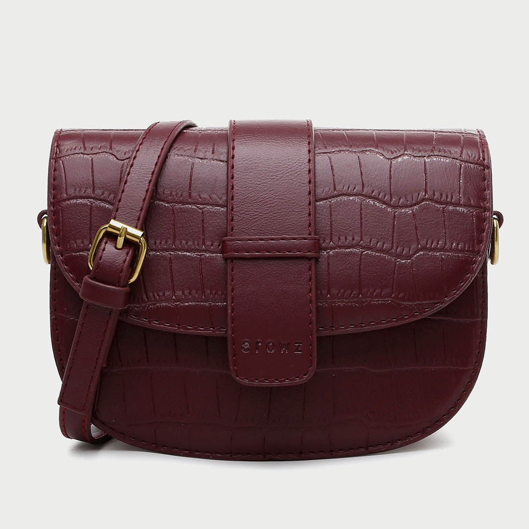 Strap flap croc-embossed PU leather saddle bag