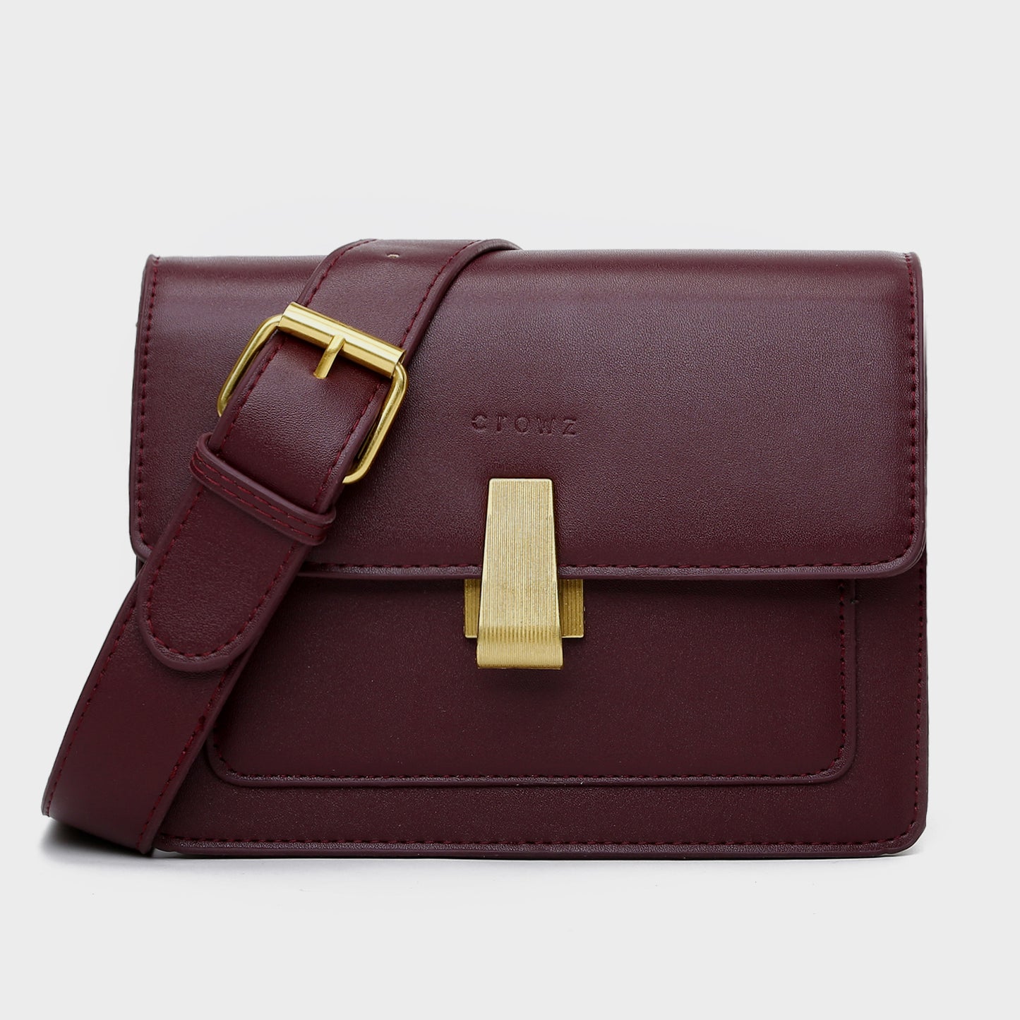 Metal clasp flapover dual compartment PU leather crossbody bag