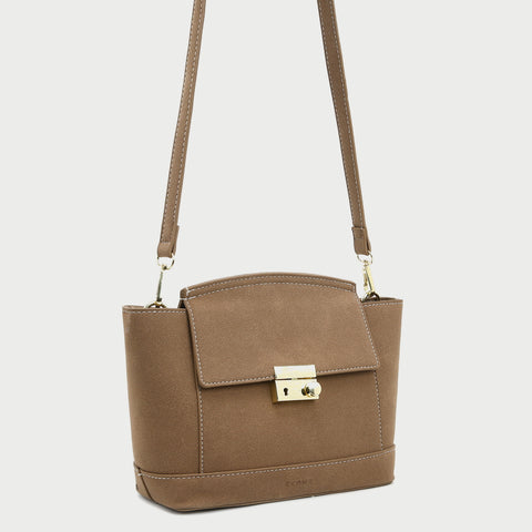Modern metal-closure flap sculptural faux suede crossbody bag